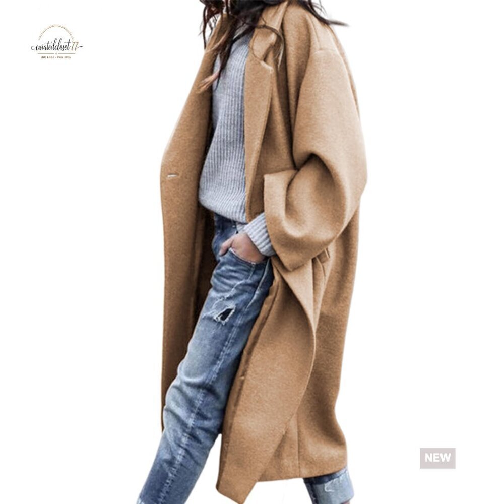 Oversized Wool Blend Trench Coat Double Breasted Long Winter Overcoat